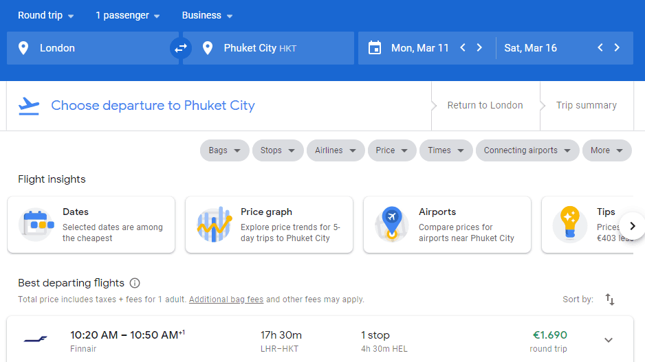 Business Class Flight Deal - London to Phuket, Thailand