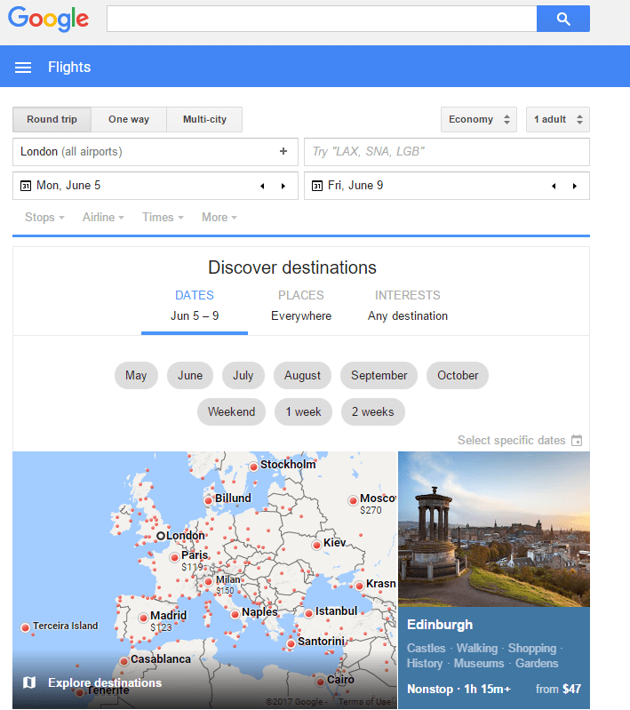 Google Flights User Interface