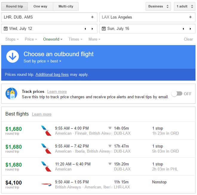Google Flights User Interface