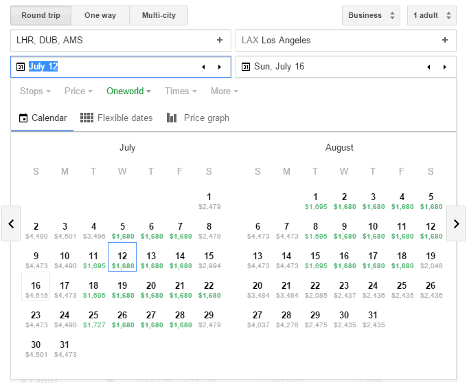 Google Flights User Interface