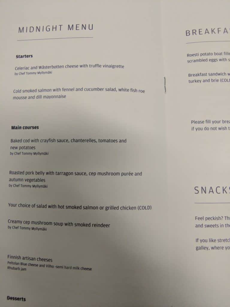 Finnair A330 Business Class Menu