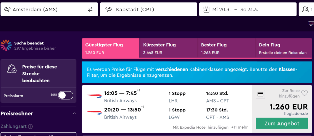 Business Class Amsterdam to Cape Town 