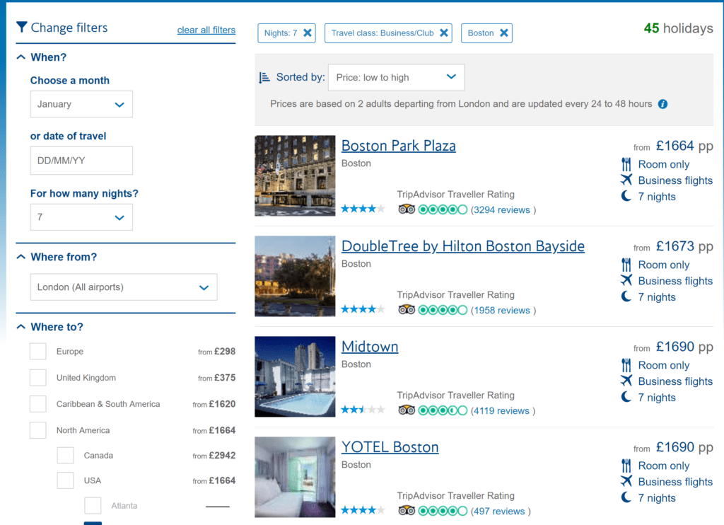 BA Vacations London to Boston - flights plus hotel