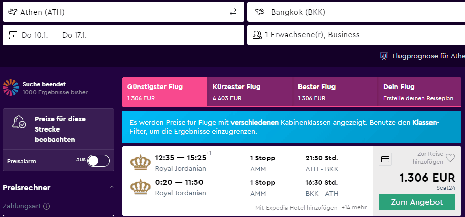 Business Class From Athens to Bangkok