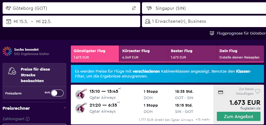 Business Class from Goteborg to Singapore