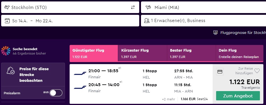 Business Class From Stockholm to Miami