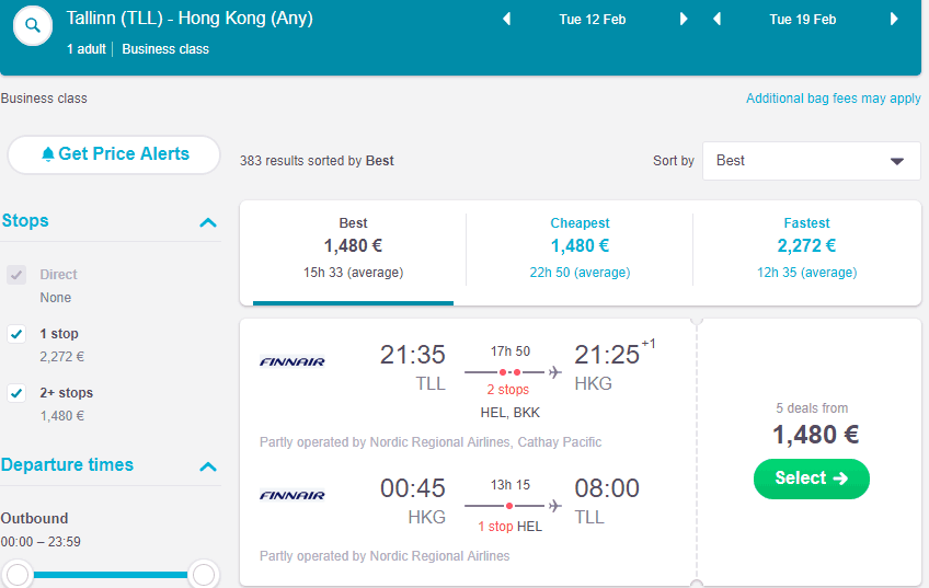 Business Class Tallinn to Hong Kong