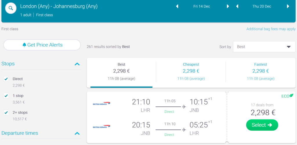 FIRST CLASS from London to Johannesburg, South Africa