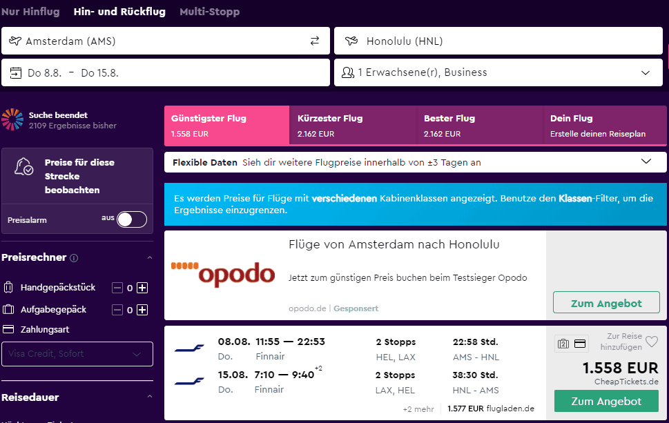 Business Class Flight Ams To Hnl