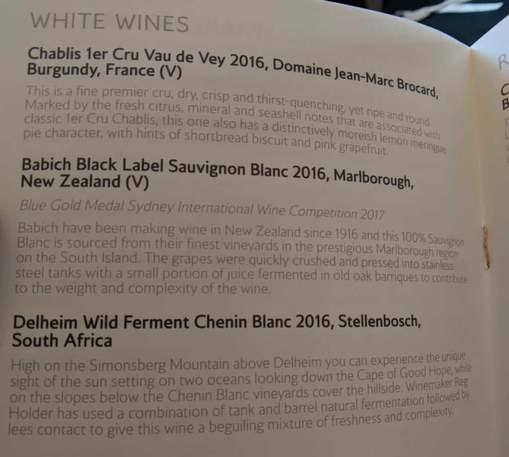 British Airways First Class (2018) White Wine options