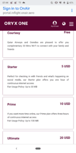 Qatar Airways Oryx One Internet Prices