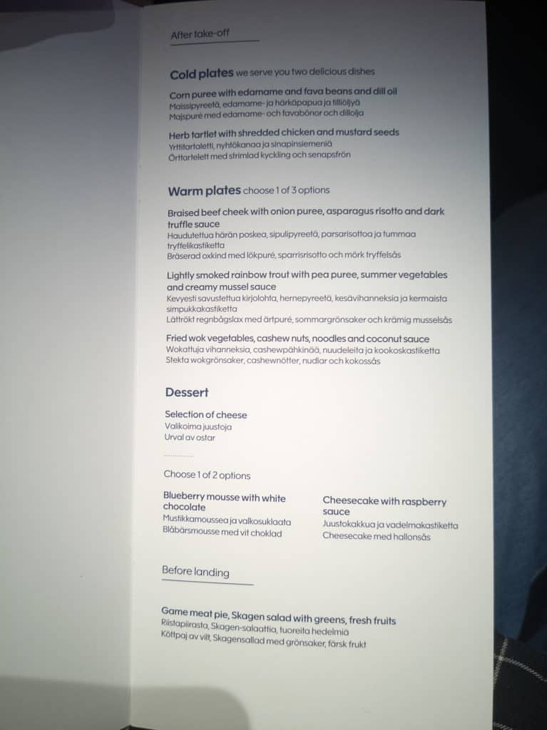 2022 Finnair business class menu HEL-SIN