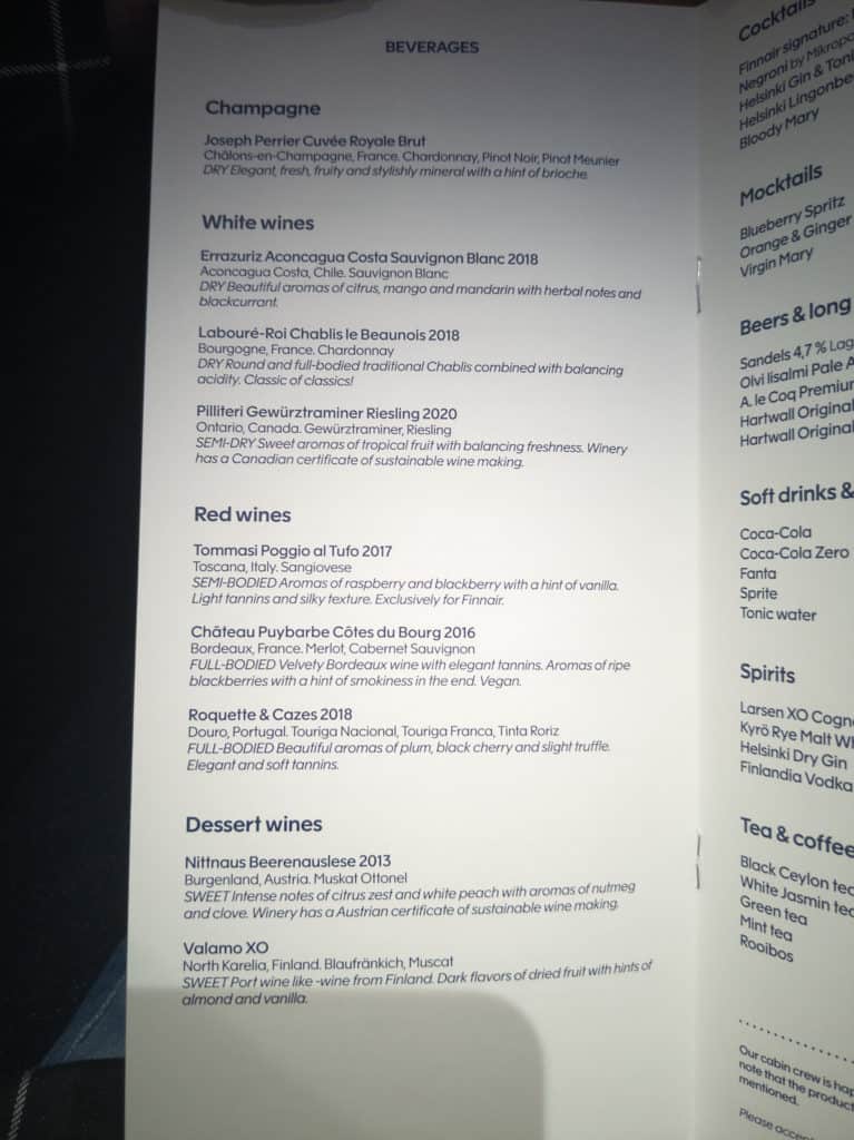 2022 Finnair business class menu HEL-SIN